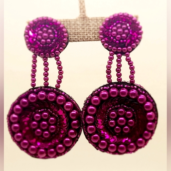 Handmade purple seed bead sequins clip on double drop party fahion earrings - Picture 2 of 6
